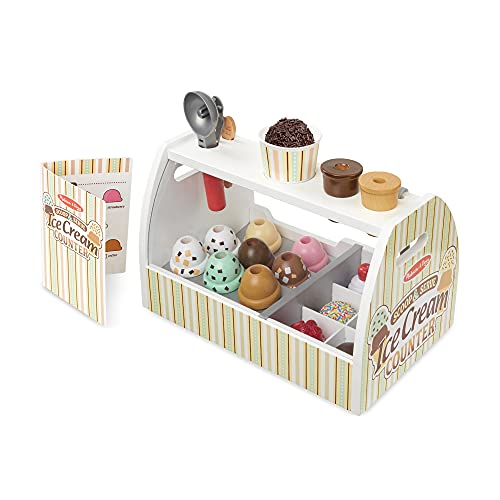 Melissa & Doug Wooden Scoop and Serve Ice Cream Counter (28 pcs) - Play Food and Accessories