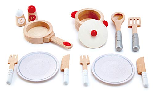 Hape Cook & Serve Set | 13 Piece Wooden Pretend Play Cooking Set with Accessories