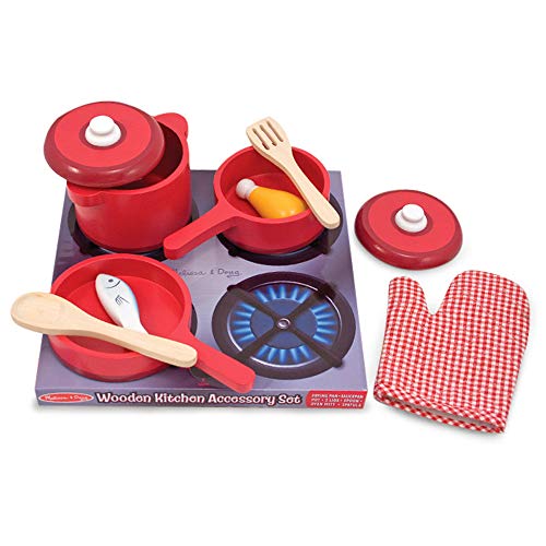 Melissa & Doug Deluxe Wooden Kitchen Accessory Set - Pots & Pans (8 pcs)